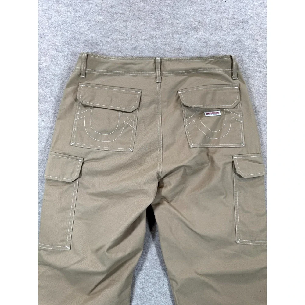 True Religion Cargo Pants Mens 32 Beige Cotton Straight Leg Hiking Flap Pockets